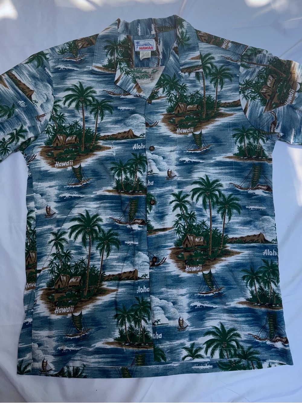 Hawaii Aloha Island Print Button-Up Shirt - Blue & Green